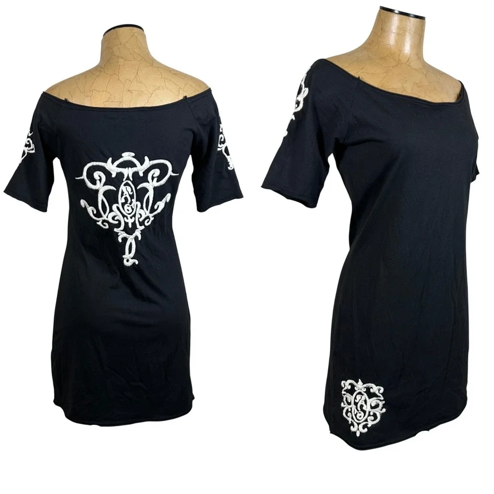 Fairy Grunge Black‎ Embroidered Off Shoulder Mini Dress Large Goth Y2K Punk